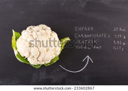 cauliflower on black chalkboard written nutritional value beside