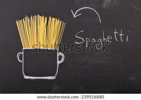 Spaghetti on chalkboard and drawn pot with copy-space