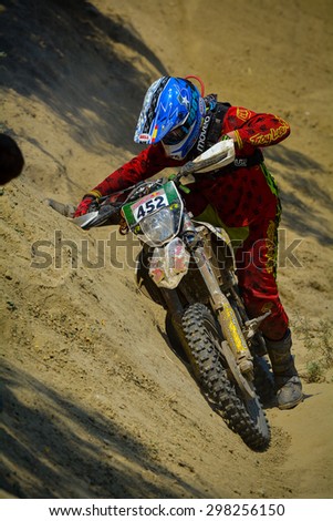 SIBIU, ROMANIA - JULY 18:  Sandra Gomez Cantero competing in Red Bull ROMANIACS Hard Enduro Rally with a SOTOBIKE motorcycle. The hardest enduro rally in the world. July 18, 2015 in Sibiu, Romania.
