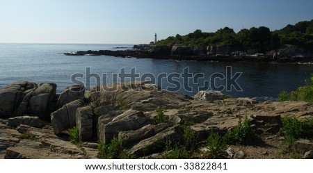 Rocky coastline of Maine during the summer time.