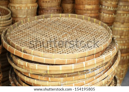 Flat baskets made from bamboo stacking for sale, Thailand traditional handmade basket