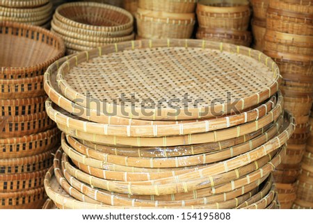 Flat baskets made from bamboo stacking for sale, Thailand traditional handmade basket