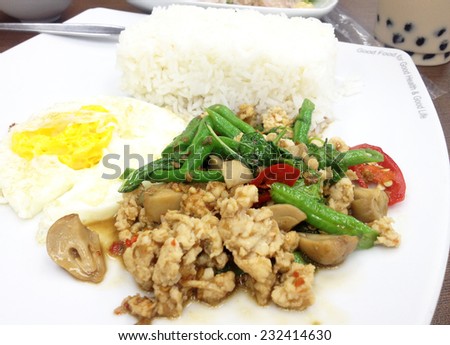 Steamed Rice topped with stir fried minced pork ,Basil Pork Rice with fried egg