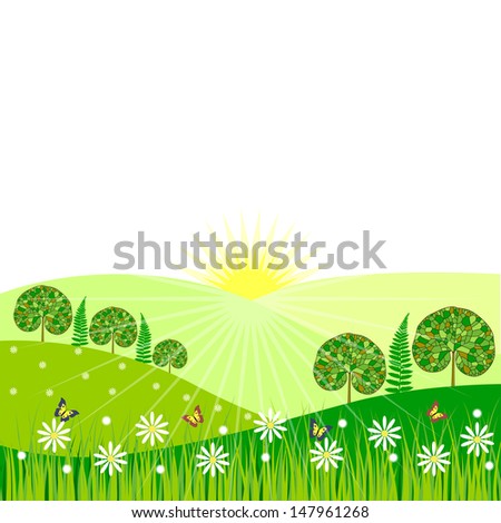 Morning landscape. Solar hilly valley with trees, flowers and butterflies. Vector illustration