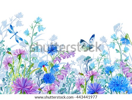 background of flowers.watercolor illustration.Wildflowers and butterflies. design for fabric ,cards ,Wallpapers