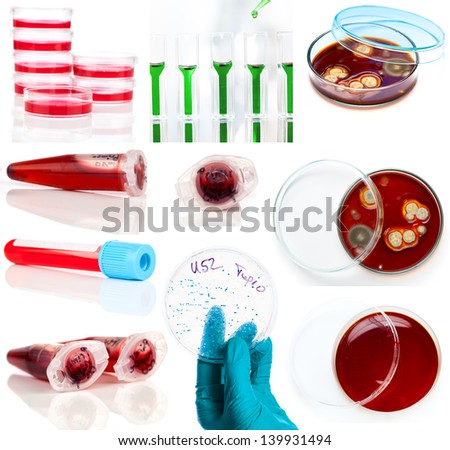 set of laboratory supplies. Petri dish, Spectrophotometer quvettes, blood test, test-tube,