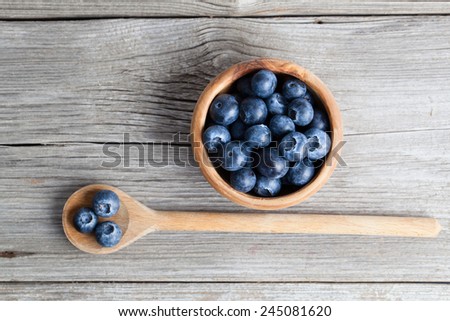 Blueberries on a wooden bowl, spoon. on wooden background