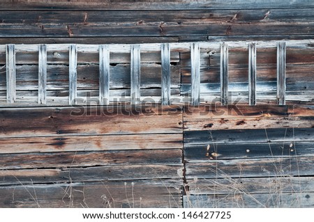 An old ladder formerly used by laborers hangs on the side of a weathered barn in an abandon cherry orchard in Door County, Wisconsin.