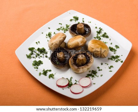 Different types of food plates isolated on orange background