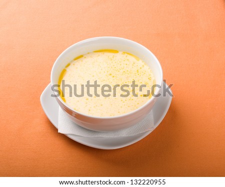 Different types of food plates, cakes, red meat isolated on orange background