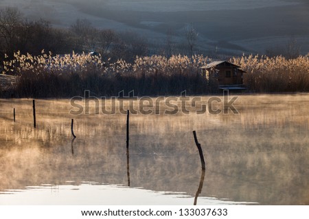 Spring morning foggy lake house and landscapes