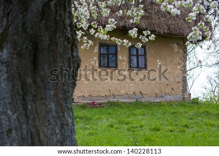 Very old and vintage house with a green grass yard and blue sky in the background