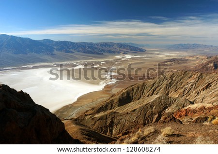 A surreal landscape at Dante\'s view, Death valley. With underneath the lowest point of the USA, Badwater.