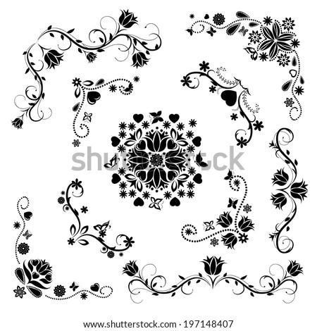 Set of black floral ornaments, isolated on white