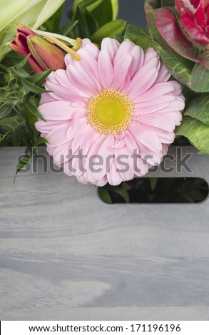 Pink Gerbera in bouquet in wooden box