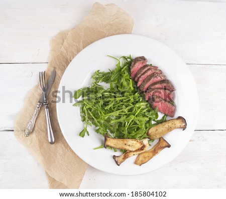 beef steak with arugula and mushrooms on plate with knife and fork