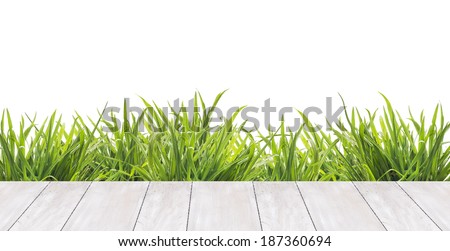 terrace of white boards and fresh green grass ,border,  isolated