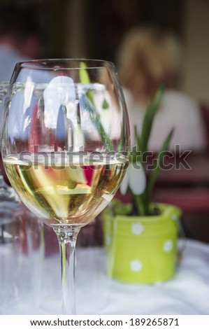 Glass of white wine on table in restaurant on background of spring scenery