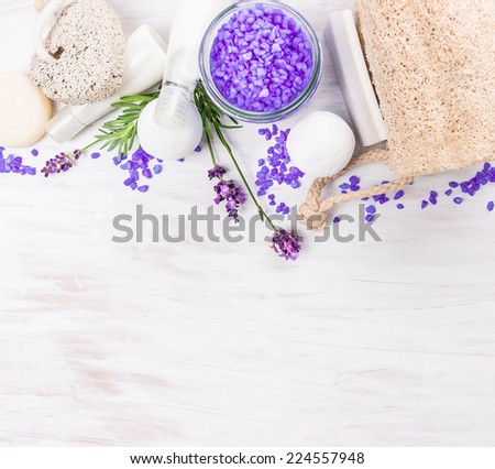 bath set with lavender on white wooden table, spa background with space for text, top view