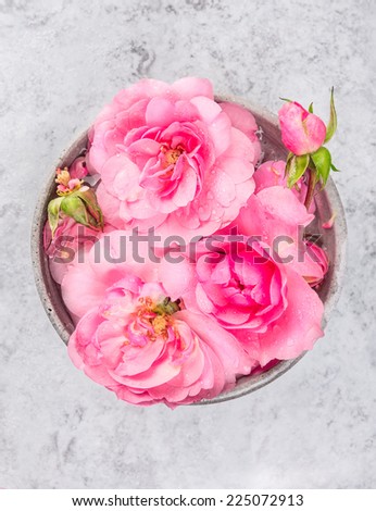 bowl with pink roses and water on gray marble table, spa background