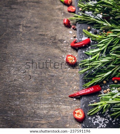 rosemary, chopped chili and salt, food background