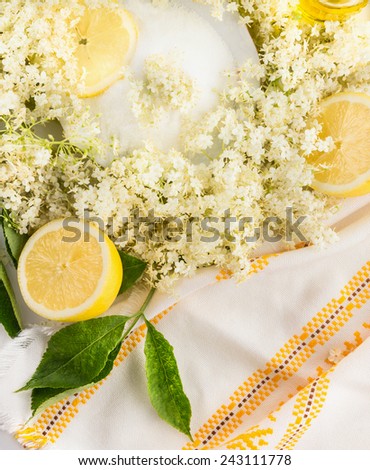 Ingredients for  Elder flowers syrup , sugar and lemons, top view