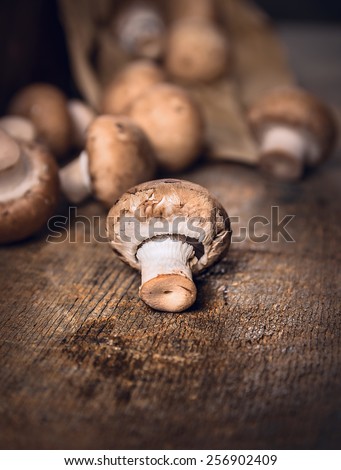 field mushrooms on dark rustic wooden background
