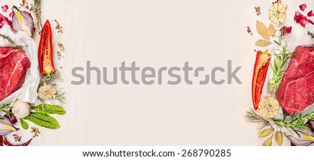 Raw meat with seasoning and spaces on white wooden background, banner for website with cooking concept
