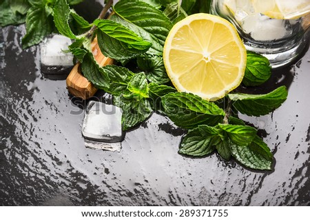 Mint bunch with lemon and ice  blocs, ingredients for lemonade or long drink on dark wet slate background