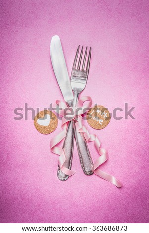 Pink romantic table place setting with sign decoration and message for you and heart , top view, close up. Valentines day and love concept.