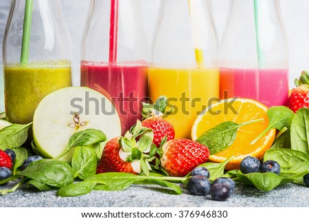 Close up of colorful smoothies with various ingredients.  Superfoods and healthy lifestyle or detox  diet food concept.