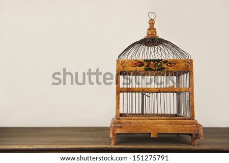 Small rustic square wooden bird cage with dome on oak shelf