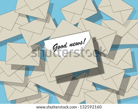 lots of beige closed envelopes on a blue background and just one open bringing good news