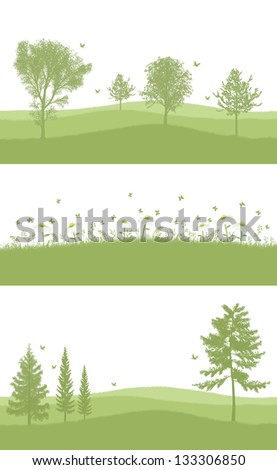 set of 3 greenery designs for bottom of A4 page: a foliate forest, a conifer forest and a herbal field