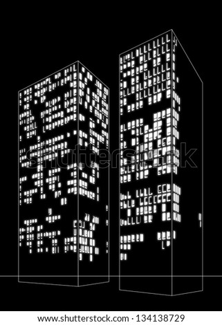 black and white image of two skyscrapers by night with lost of windows light on inside