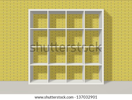 white empty bookshelf composed of sixteen boxes on yellow brick wall background