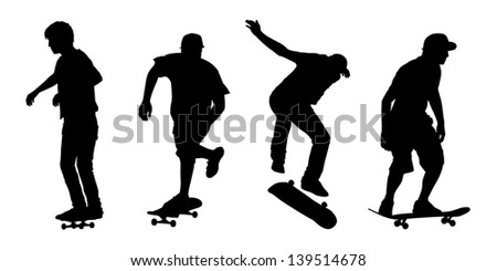 4 black silhouettes of skateboarders in different postures