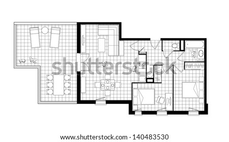 top view of an interior of three-room apartment with a terrace, a simple black and white cad drawing