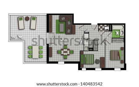 top view of an interior of three-room apartment with a terrace in grey, chocolate and green colors