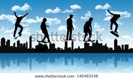silhouettes of skateboarders making different movements with a big city panoramic silhouette on a blue sky background