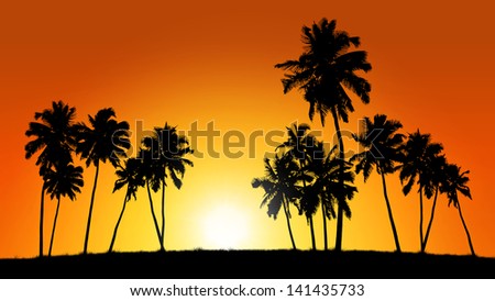 realistic black silhouette of group of coconut trees on sunset background, panoramic view