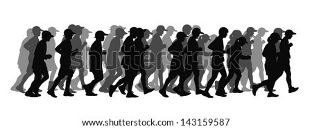 silhouette of a big group of people men and women running in black and grey tones