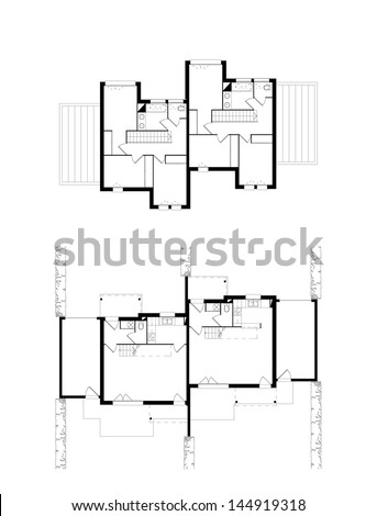 architect plans of ground floor and first floor of two simple neighboring houses