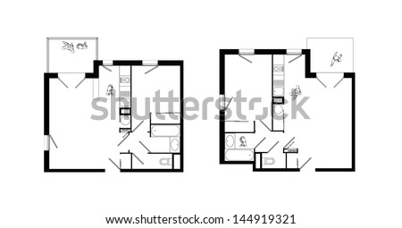 top view of interiors of two small two-rooms apartments with living-room, bed-room, kitchen, bathroom, wc and balcony