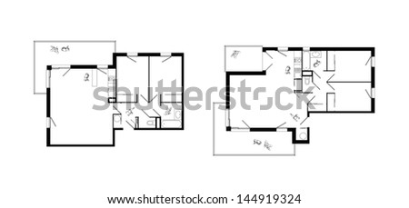 top view of interiors of two three-rooms apartments with living-room, two bed-rooms, kitchen, bathroom, wc and balcony