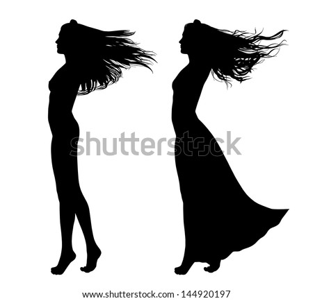 full-length silhouette of a young beautiful woman with long hair waving in the wind, naked and dressed