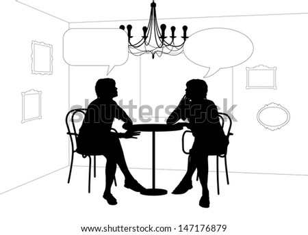 black and white linear drawing with silhouettes of two young women sitting at the table in a cafe and talking to each other, bubbles are vacant for your text