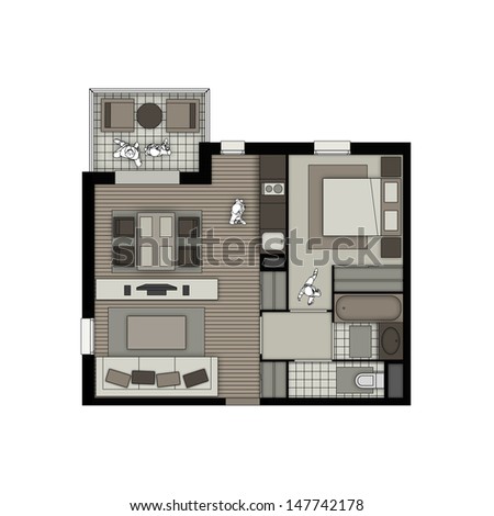 top view of interior of a small two rooms apartment with living room, bedroom, kitchen, bathroom, wc and balcony in beige and chocolate colors