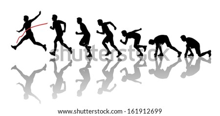 Silhouettes Of A Young Man Starting Running, Running And Crossing A Red Finish Line Winning A Race