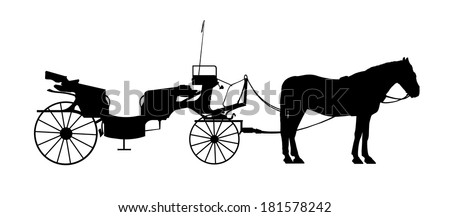 black silhouette of an old style wooden carriage with one horse in harness standing still, profile view